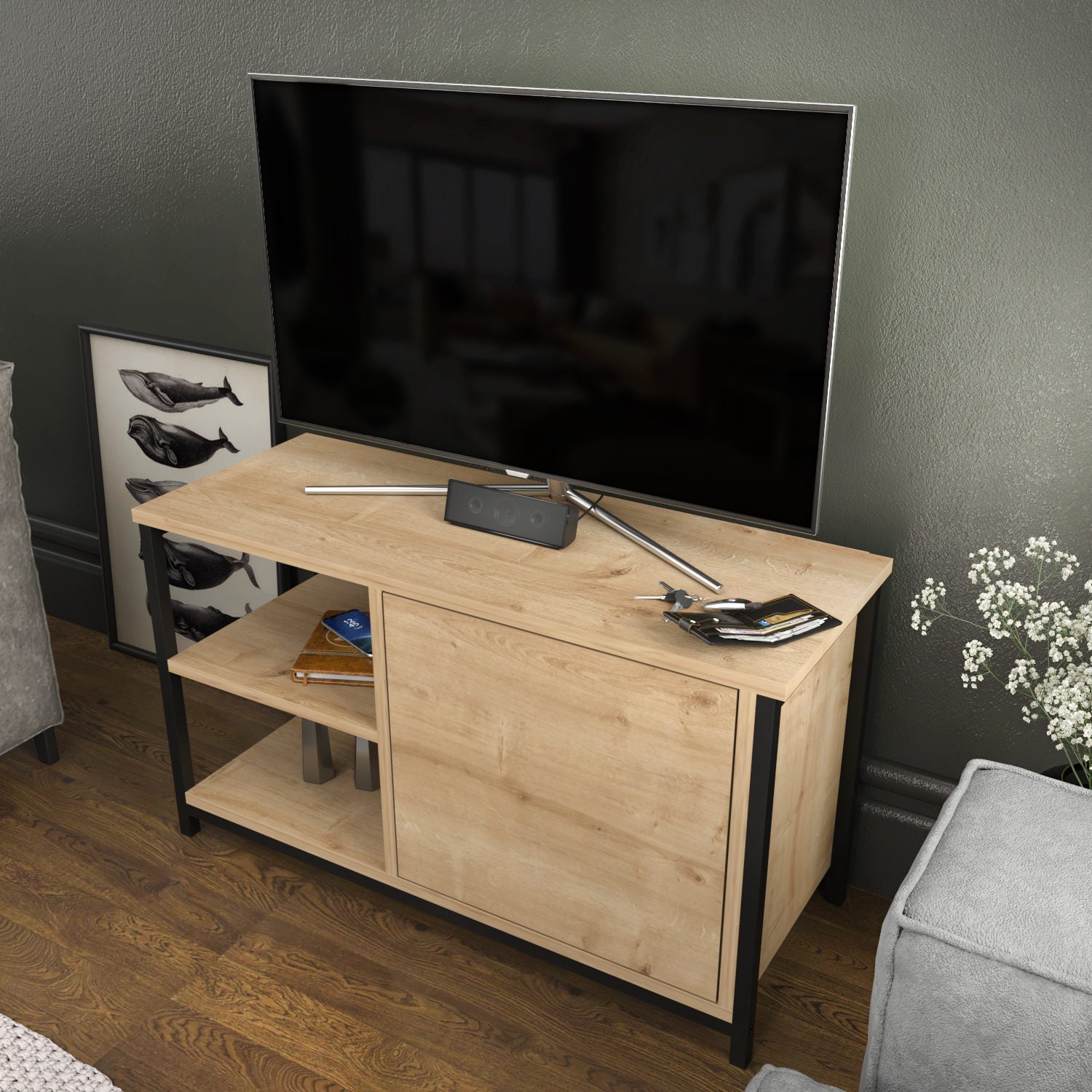Móvel de TV industrial, preto e carvalho, 89,6 x 35,3 x 50,8 cm | Painel de partículas 100% revestido de melamina, 18 mm de espessura, estrutura de metal resistente | Design elegante e funcional