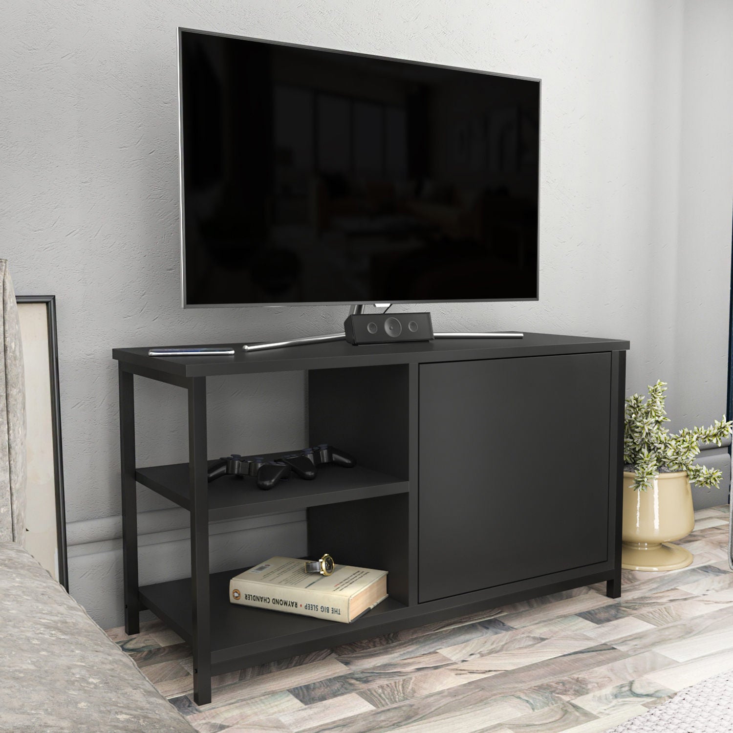 Móvel de TV industrial, preto e antracite, 89,6 x 35,3 x 50,8 cm | Painel de partículas 100% revestido de melamina e estrutura de metal | Design elegante e durável para salas de estar modernas