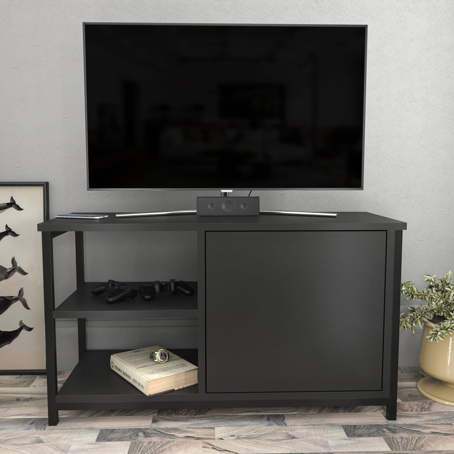Móvel de TV industrial, preto e antracite, 89,6 x 35,3 x 50,8 cm | Painel de partículas 100% revestido de melamina e estrutura de metal | Design elegante e durável para salas de estar modernas