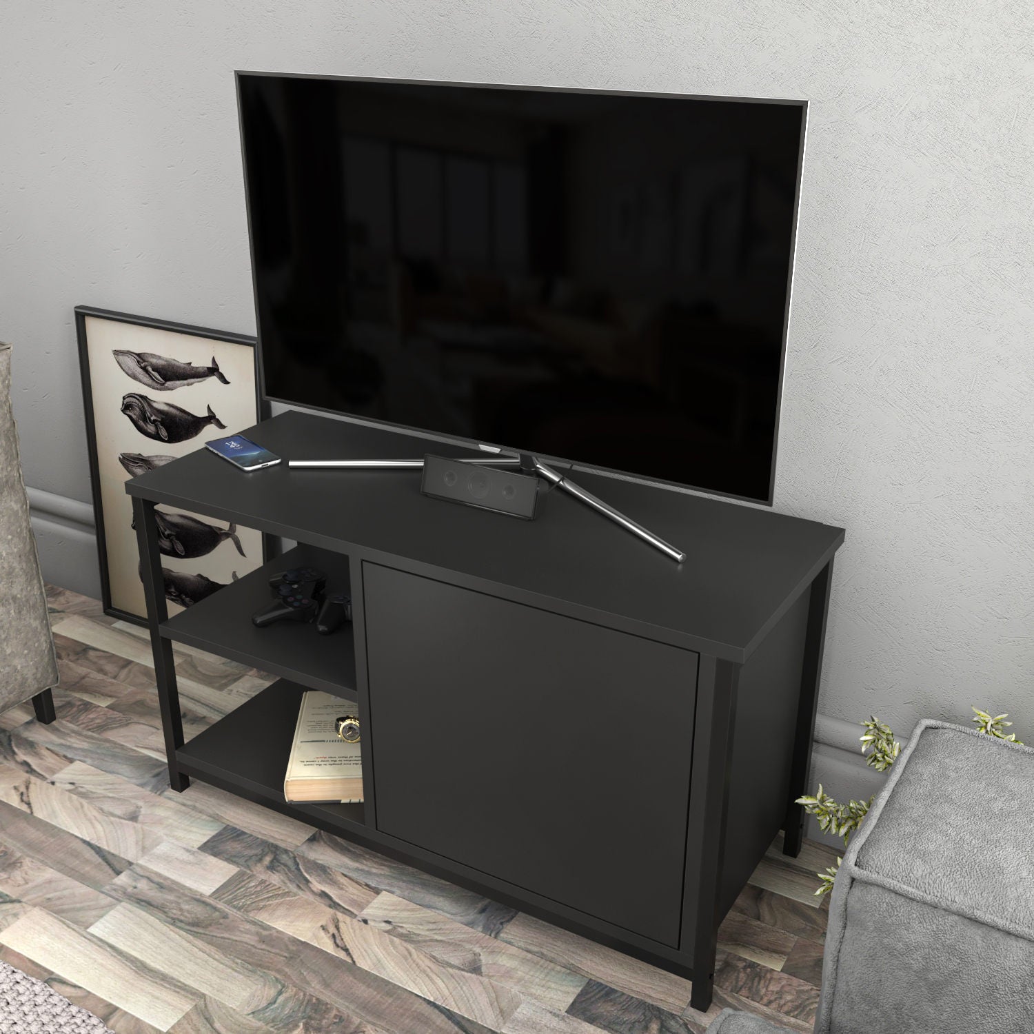Móvel de TV industrial, preto e antracite, 89,6 x 35,3 x 50,8 cm | Painel de partículas 100% revestido de melamina e estrutura de metal | Design elegante e durável para salas de estar modernas