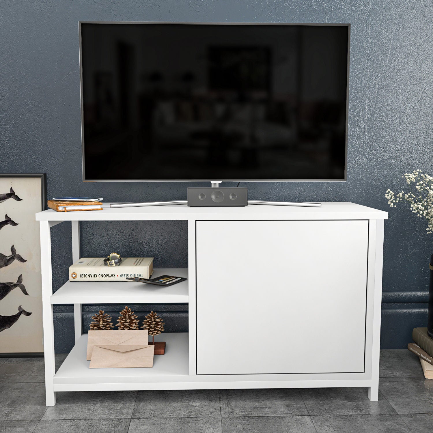 Móvel de TV escandinavo, branco, 89,6 x 35,3 x 50,8 cm | Painel de partículas 100% revestido em melamina e estrutura de metal, 18 mm de espessura | Design elegante e funcional para salas de estar modernas