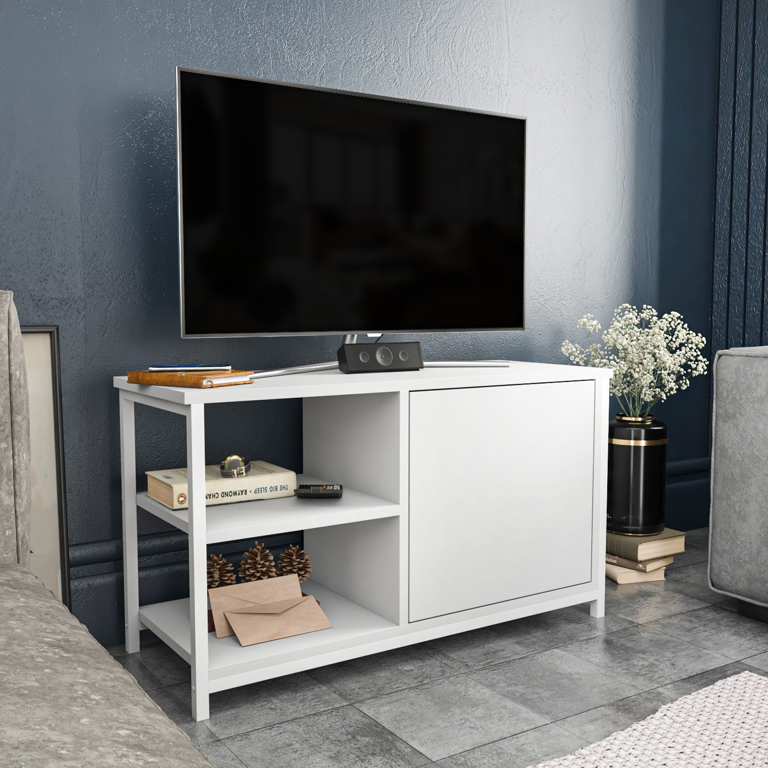 Móvel de TV escandinavo, branco, 89,6 x 35,3 x 50,8 cm | Painel de partículas 100% revestido em melamina e estrutura de metal, 18 mm de espessura | Design elegante e funcional para salas de estar modernas