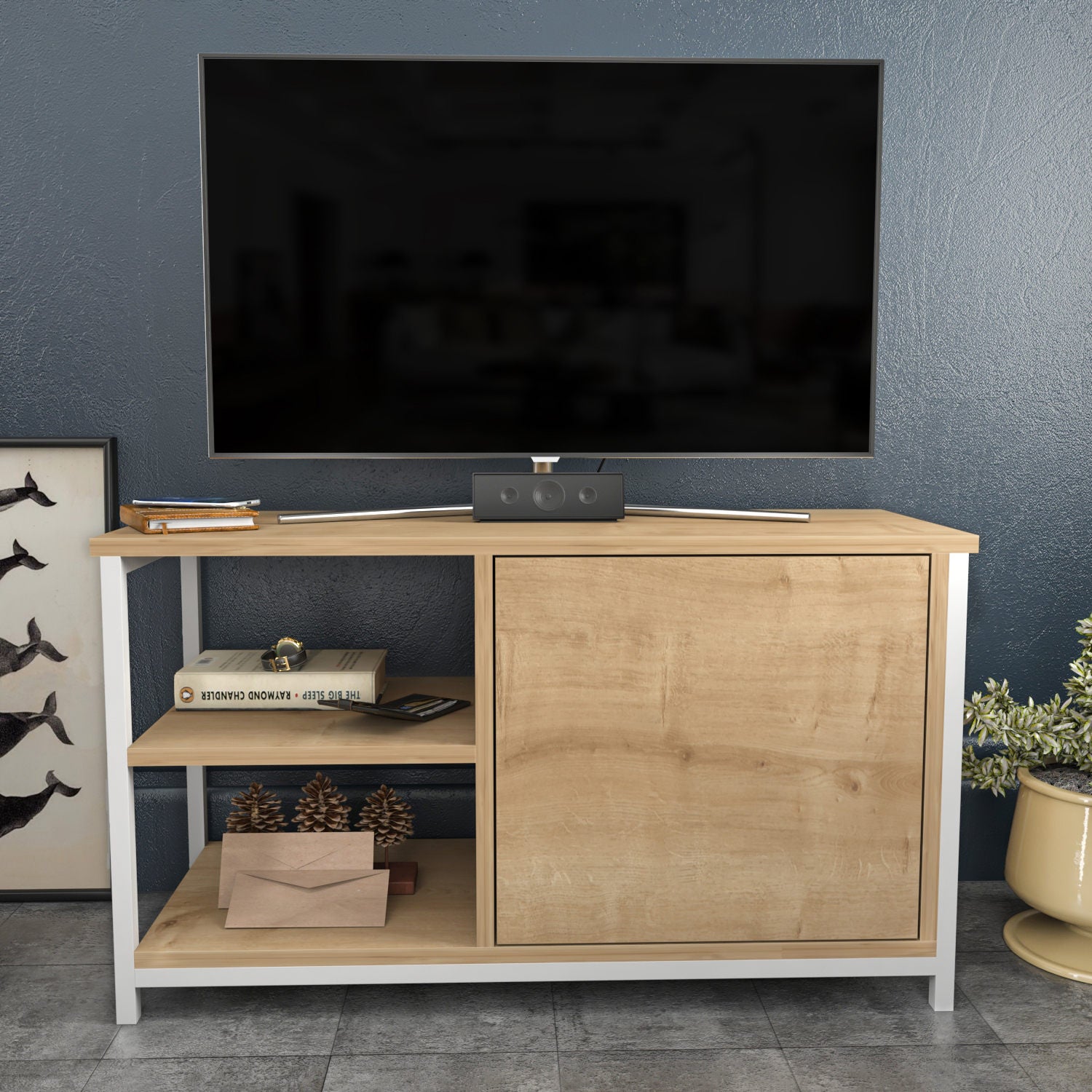 Móvel de TV escandinavo, branco e carvalho, 89,6 x 35,3 x 50,8 cm | Painel de partículas 100% revestido de melamina, 18 mm de espessura, estrutura de metal resistente | Design elegante e funcional