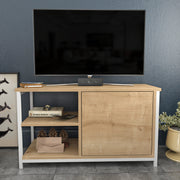 Móvel de TV escandinavo, branco e carvalho, 89,6 x 35,3 x 50,8 cm | Painel de partículas 100% revestido de melamina, 18 mm de espessura, estrutura de metal resistente | Design elegante e funcional