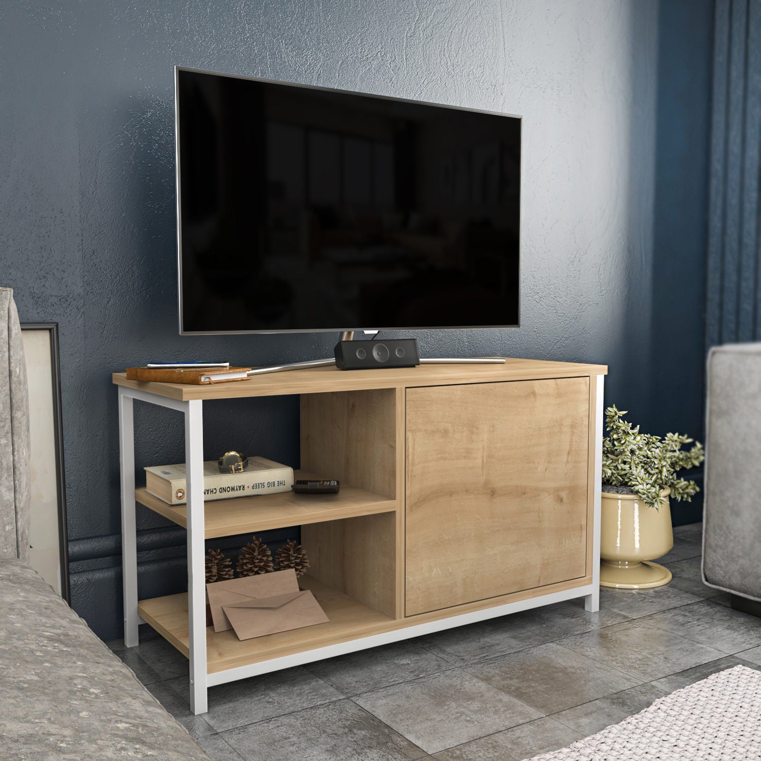 Móvel de TV escandinavo, branco e carvalho, 89,6 x 35,3 x 50,8 cm | Painel de partículas 100% revestido de melamina, 18 mm de espessura, estrutura de metal resistente | Design elegante e funcional