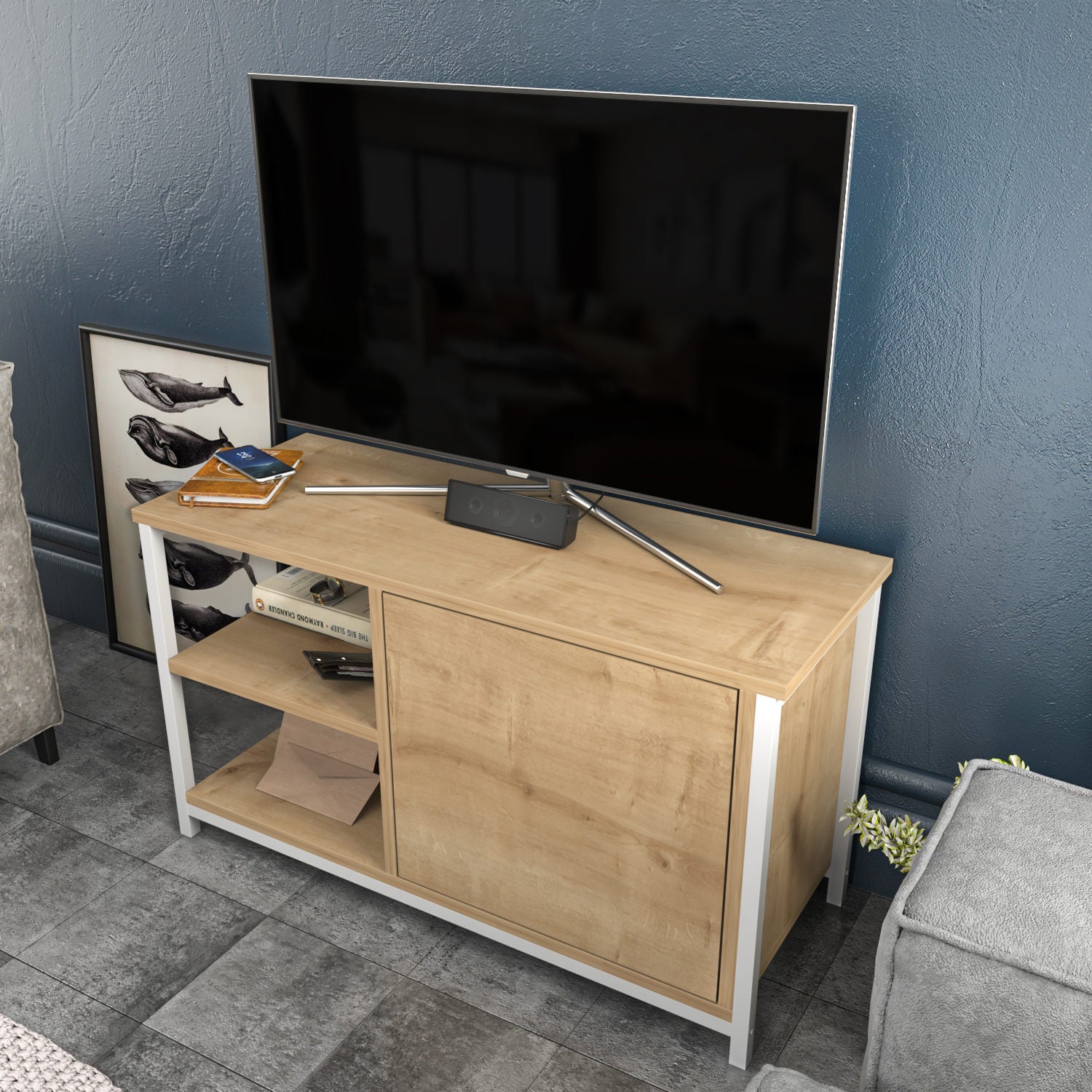 Móvel de TV escandinavo, branco e carvalho, 89,6 x 35,3 x 50,8 cm | Painel de partículas 100% revestido de melamina, 18 mm de espessura, estrutura de metal resistente | Design elegante e funcional