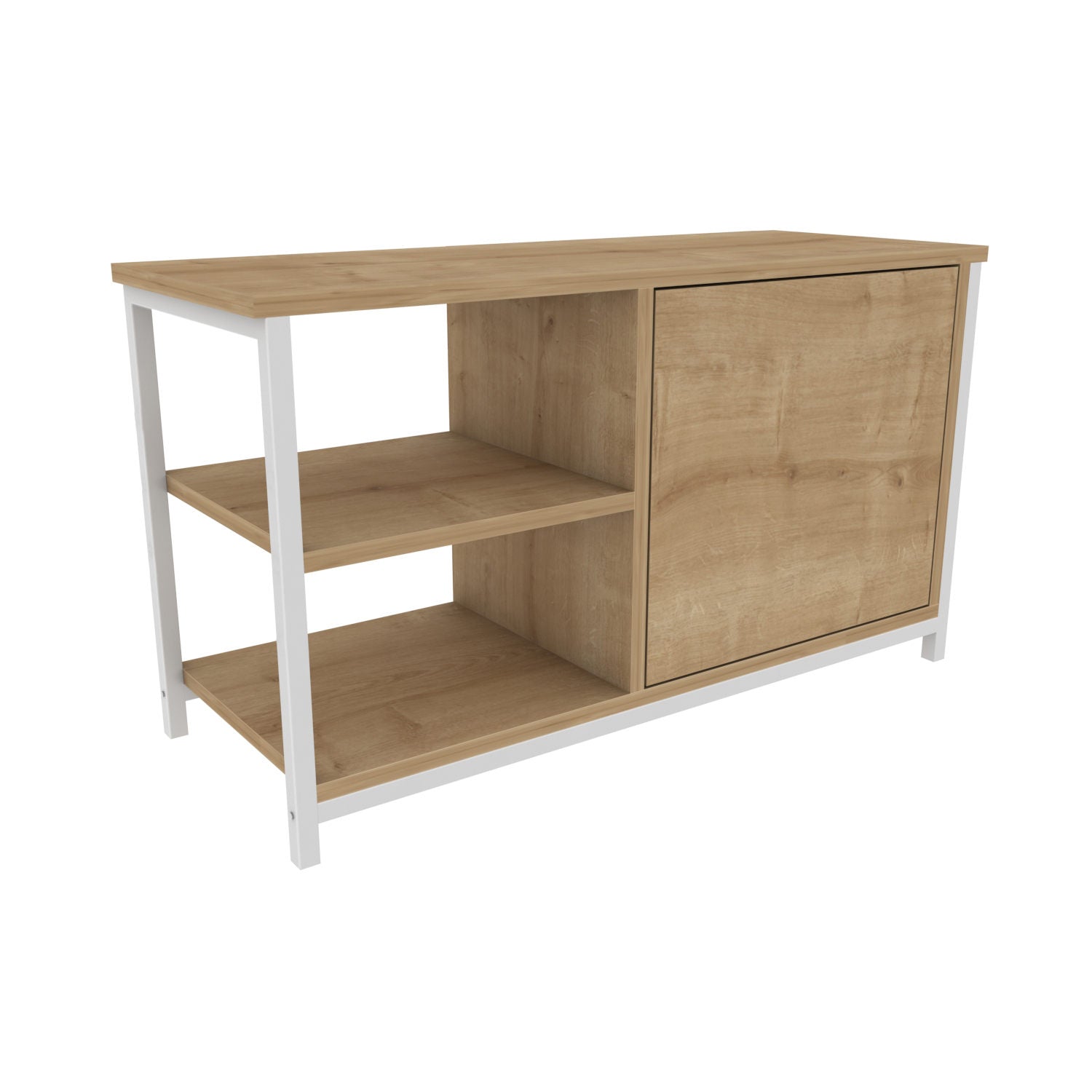 Móvel de TV escandinavo, branco e carvalho, 89,6 x 35,3 x 50,8 cm | Painel de partículas 100% revestido de melamina, 18 mm de espessura, estrutura de metal resistente | Design elegante e funcional
