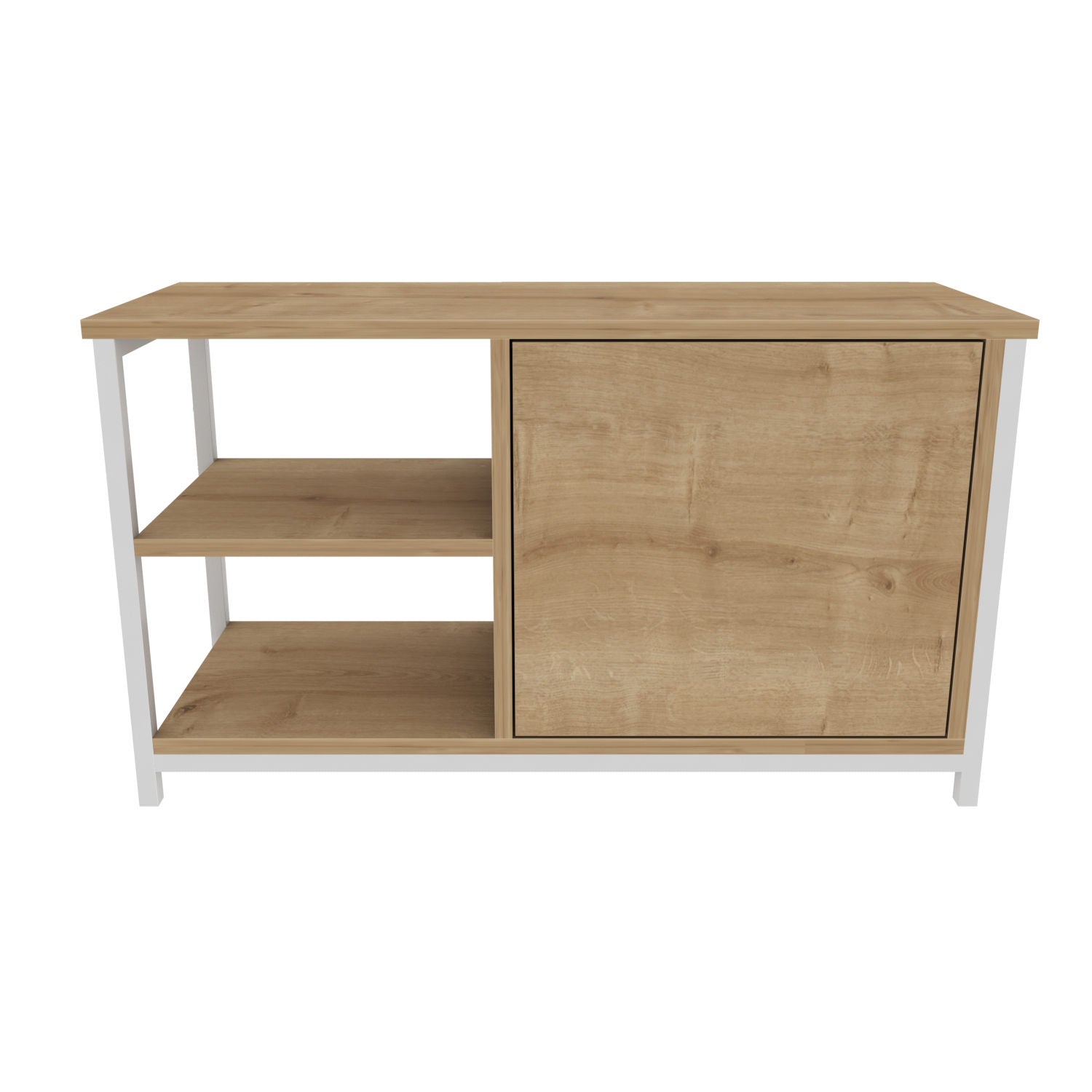 Móvel de TV escandinavo, branco e carvalho, 89,6 x 35,3 x 50,8 cm | Painel de partículas 100% revestido de melamina, 18 mm de espessura, estrutura de metal resistente | Design elegante e funcional