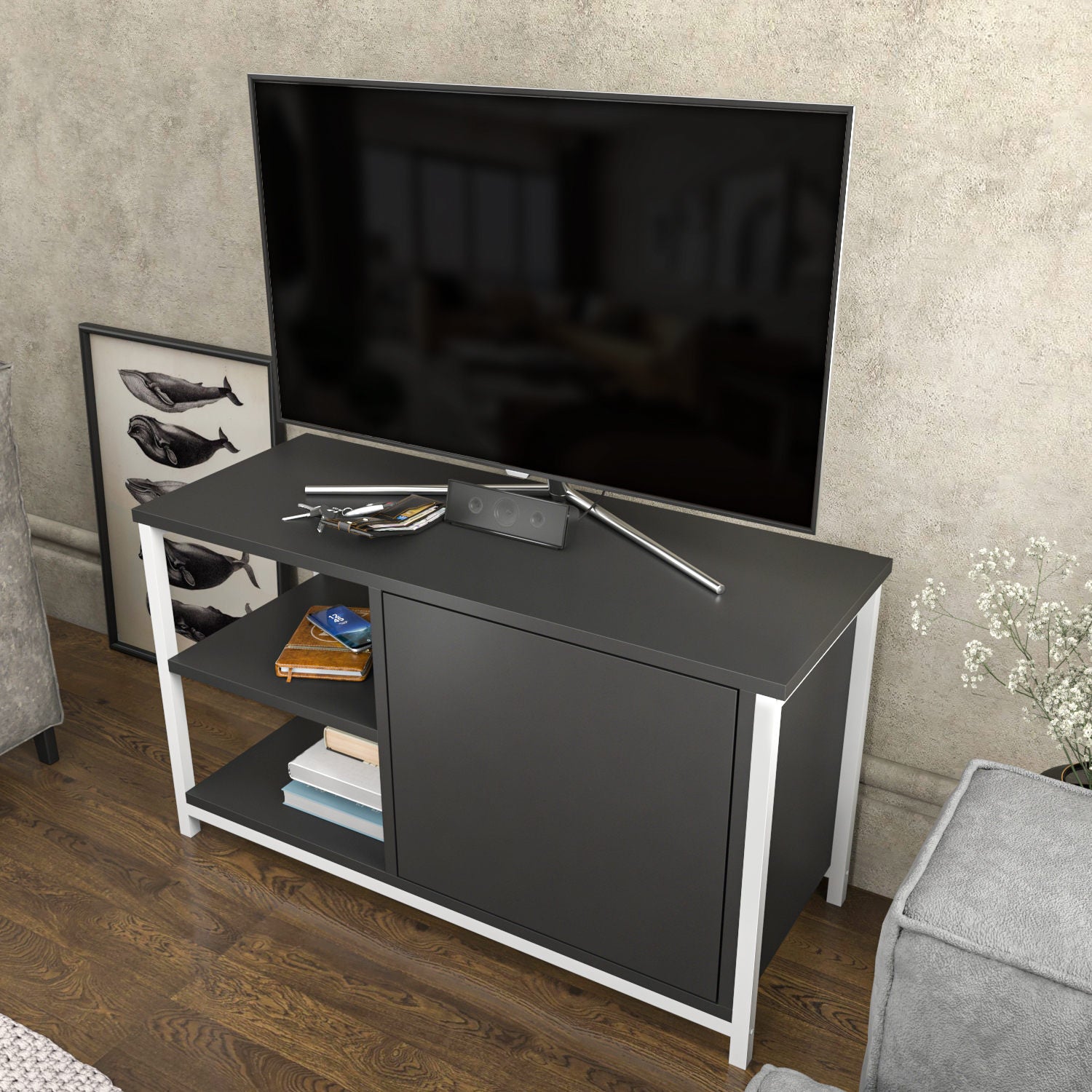 Móvel de TV elegante, branco e antracite, 89,6 x 35,3 x 50,8 cm | Painel de partículas 100% revestido de melamina e estrutura de metal | Design moderno para sala de estar