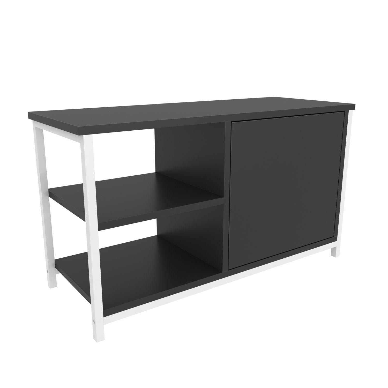 Móvel de TV elegante, branco e antracite, 89,6 x 35,3 x 50,8 cm | Painel de partículas 100% revestido de melamina e estrutura de metal | Design moderno para sala de estar