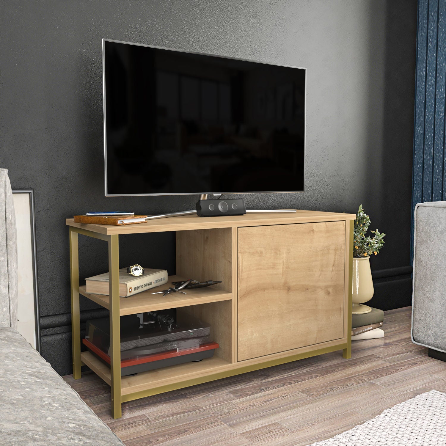 Móvel de TV Glamouroso, Dourado e Carvalho, 89,6 x 35,3 x 50,8 cm | Painel de partículas 100% revestido em melamina, 18 mm de espessura, estrutura de metal resistente | Design elegante e funcional para salas de estar modernas