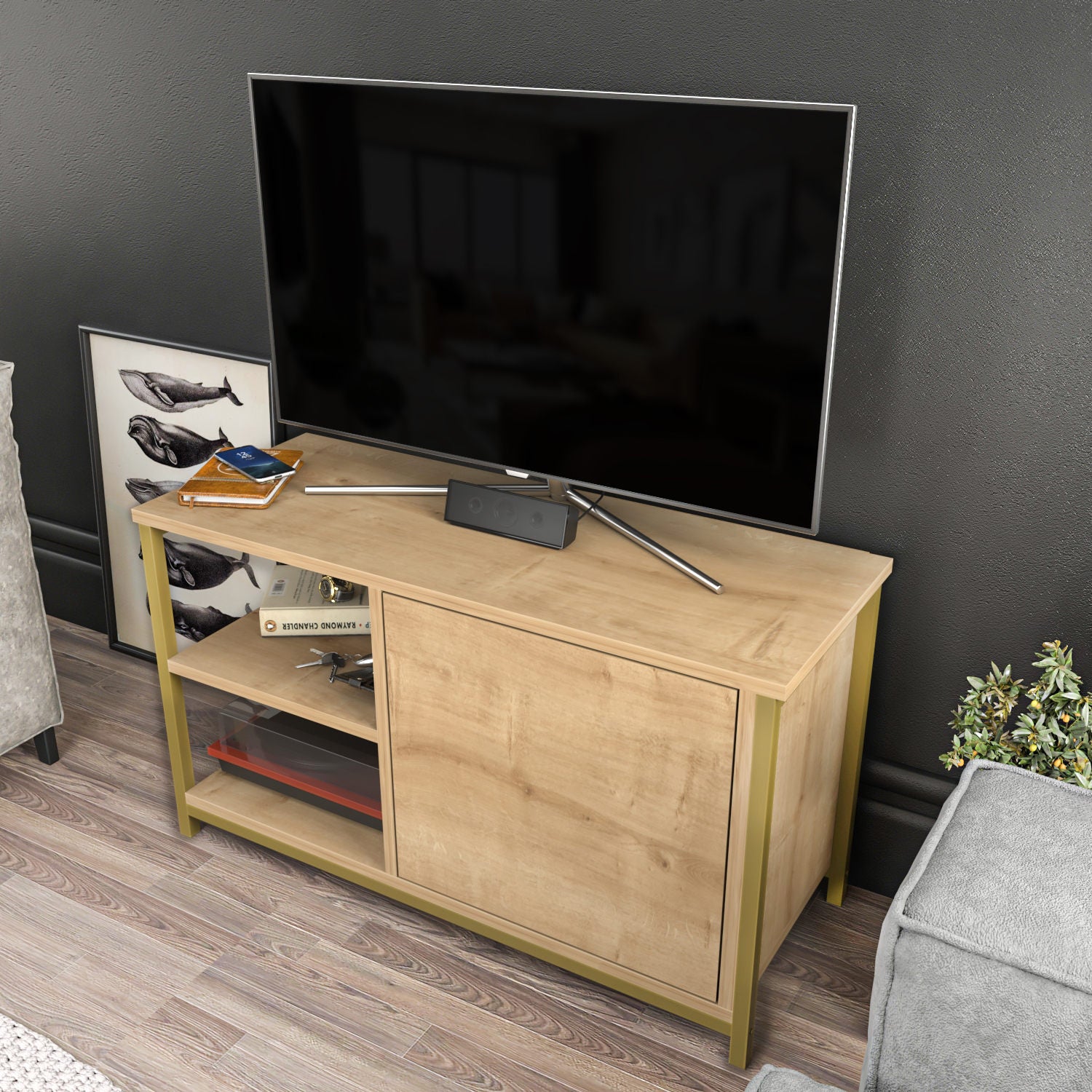 Móvel de TV Glamouroso, Dourado e Carvalho, 89,6 x 35,3 x 50,8 cm | Painel de partículas 100% revestido em melamina, 18 mm de espessura, estrutura de metal resistente | Design elegante e funcional para salas de estar modernas