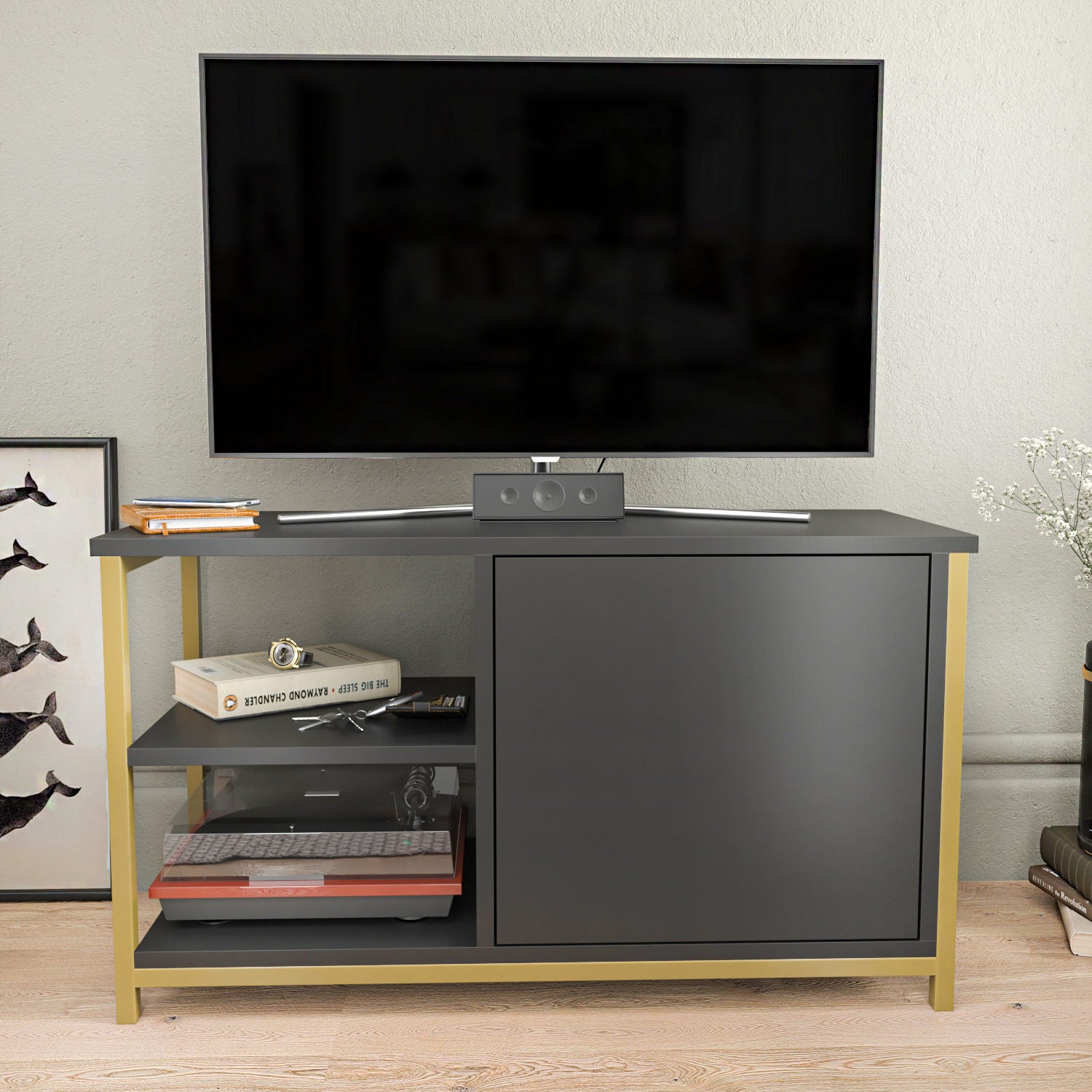 Móvel de TV Glamouroso, Dourado e Antracite, 89,6 x 35,3 x 50,8 cm | Painel de partículas 100% revestido em melamina, 18 mm de espessura, estrutura de metal resistente | Design elegante e funcional para salas de estar modernas