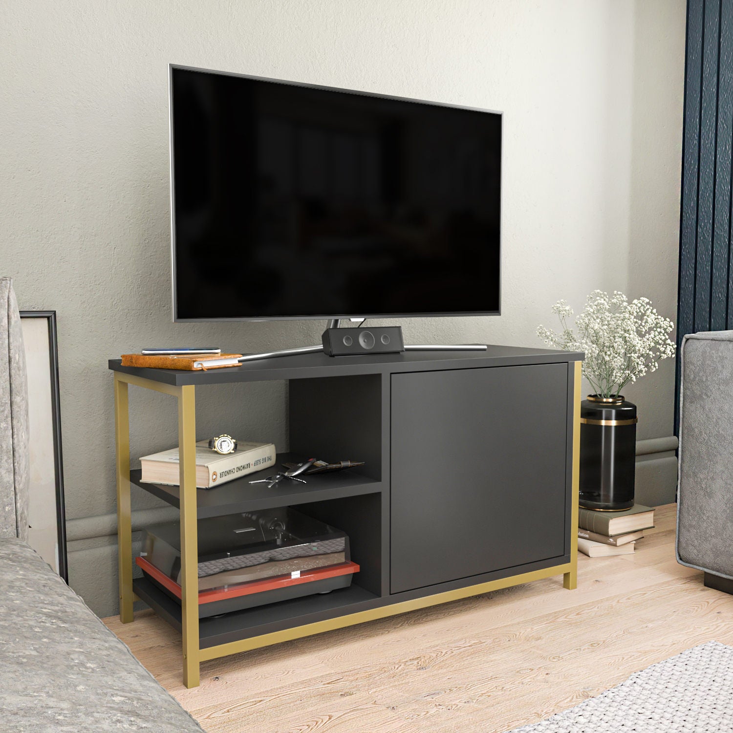 Móvel de TV Glamouroso, Dourado e Antracite, 89,6 x 35,3 x 50,8 cm | Painel de partículas 100% revestido em melamina, 18 mm de espessura, estrutura de metal resistente | Design elegante e funcional para salas de estar modernas