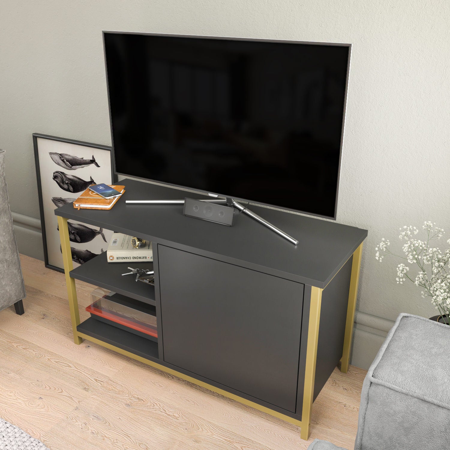 Móvel de TV Glamouroso, Dourado e Antracite, 89,6 x 35,3 x 50,8 cm | Painel de partículas 100% revestido em melamina, 18 mm de espessura, estrutura de metal resistente | Design elegante e funcional para salas de estar modernas