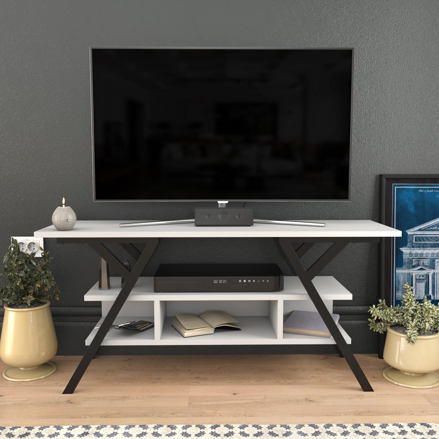 Móvel de TV elegante, preto e branco, 120 x 35 x 55 cm | Painel de partículas 100% revestido de melamina, 18 mm de espessura, estrutura de metal resistente | Design moderno para sala de estar
