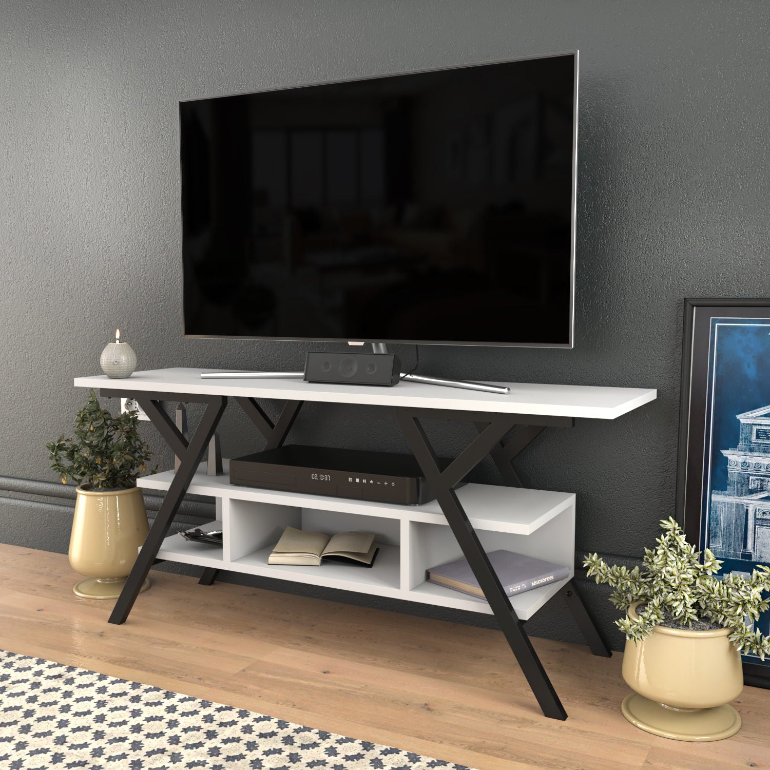 Móvel de TV elegante, preto e branco, 120 x 35 x 55 cm | Painel de partículas 100% revestido de melamina, 18 mm de espessura, estrutura de metal resistente | Design moderno para sala de estar