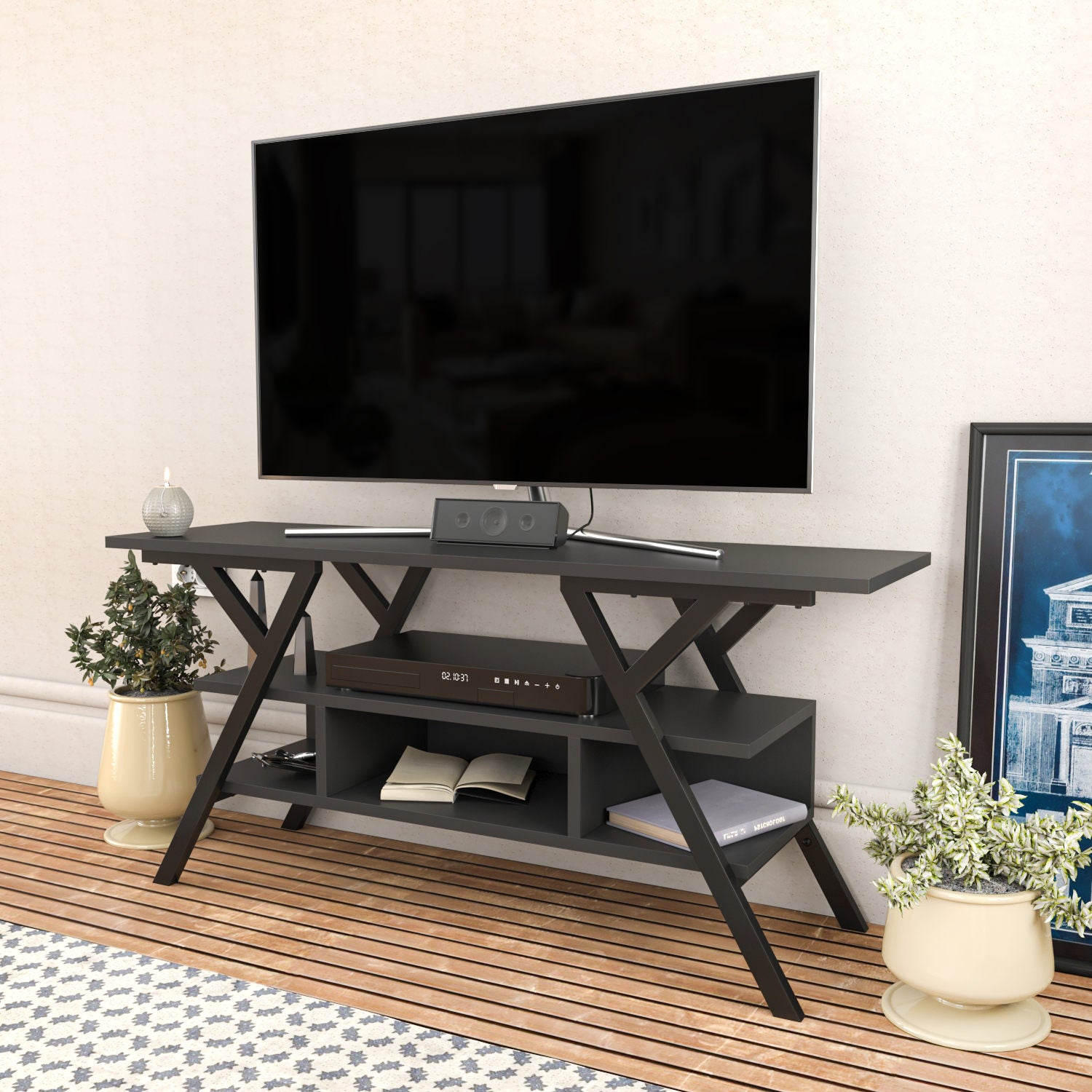 Móvel de TV industrial, preto e antracite, 120 x 35 x 55 cm | Painel de partículas 100% revestido de melamina, 18 mm de espessura, estrutura de metal resistente | Design elegante e funcional