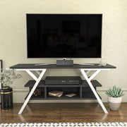 Móvel de TV elegante, 120 cm de largura, branco e antracite | Painel de partículas 100% revestido de melamina, 18 mm de espessura, estrutura de metal | Design moderno para sala de estar