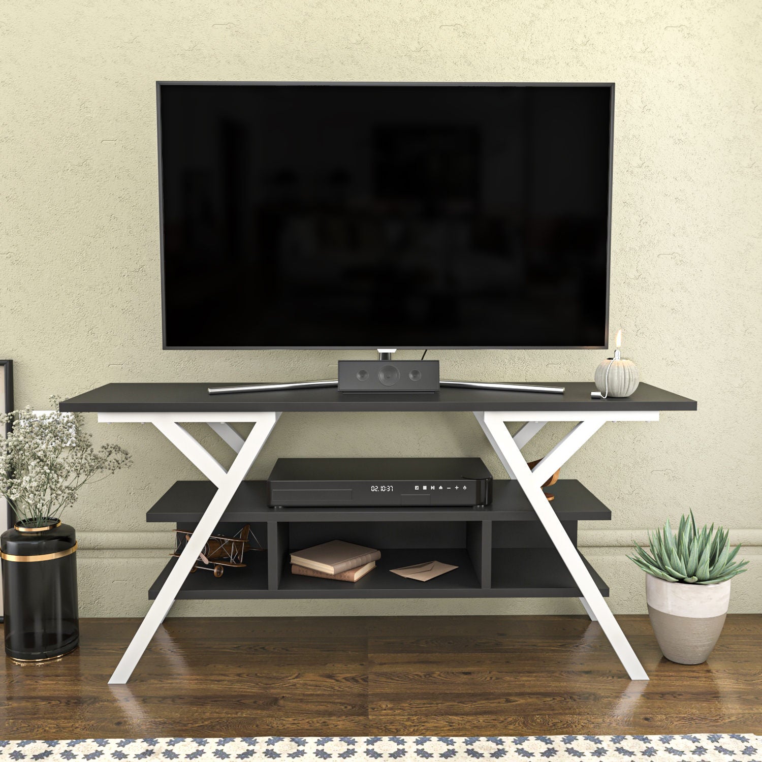 Móvel de TV elegante, 120 cm de largura, branco e antracite | Painel de partículas 100% revestido de melamina, 18 mm de espessura, estrutura de metal | Design moderno para sala de estar