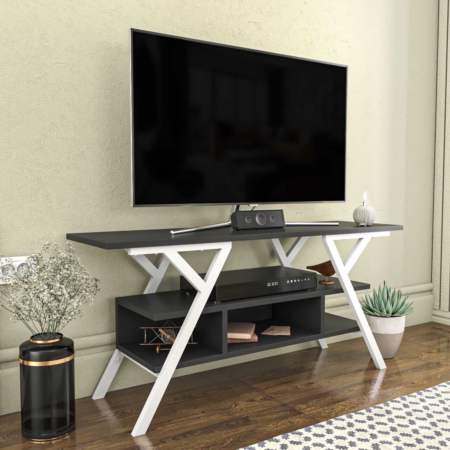 Móvel de TV elegante, 120 cm de largura, branco e antracite | Painel de partículas 100% revestido de melamina, 18 mm de espessura, estrutura de metal | Design moderno para sala de estar