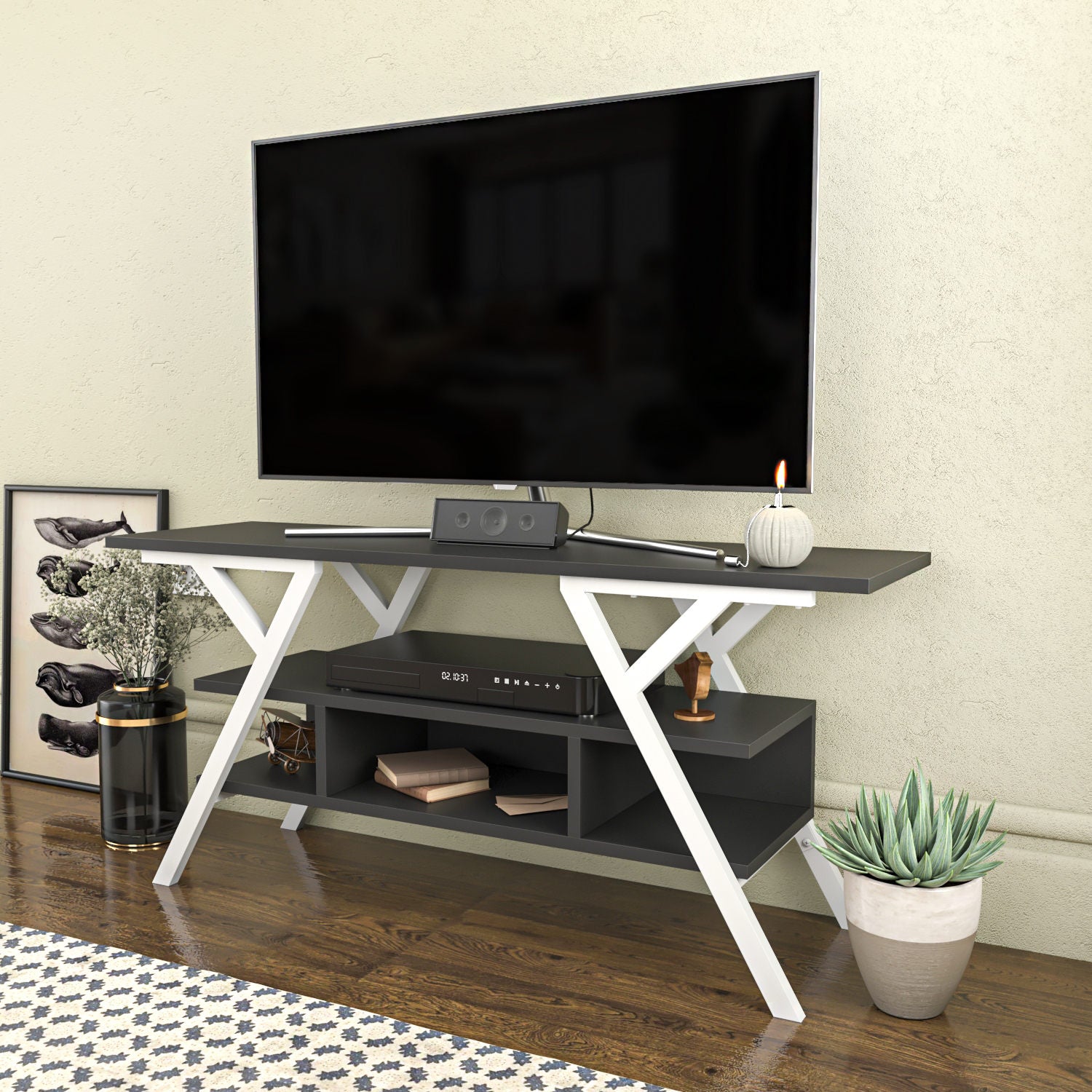 Móvel de TV elegante, 120 cm de largura, branco e antracite | Painel de partículas 100% revestido de melamina, 18 mm de espessura, estrutura de metal | Design moderno para sala de estar
