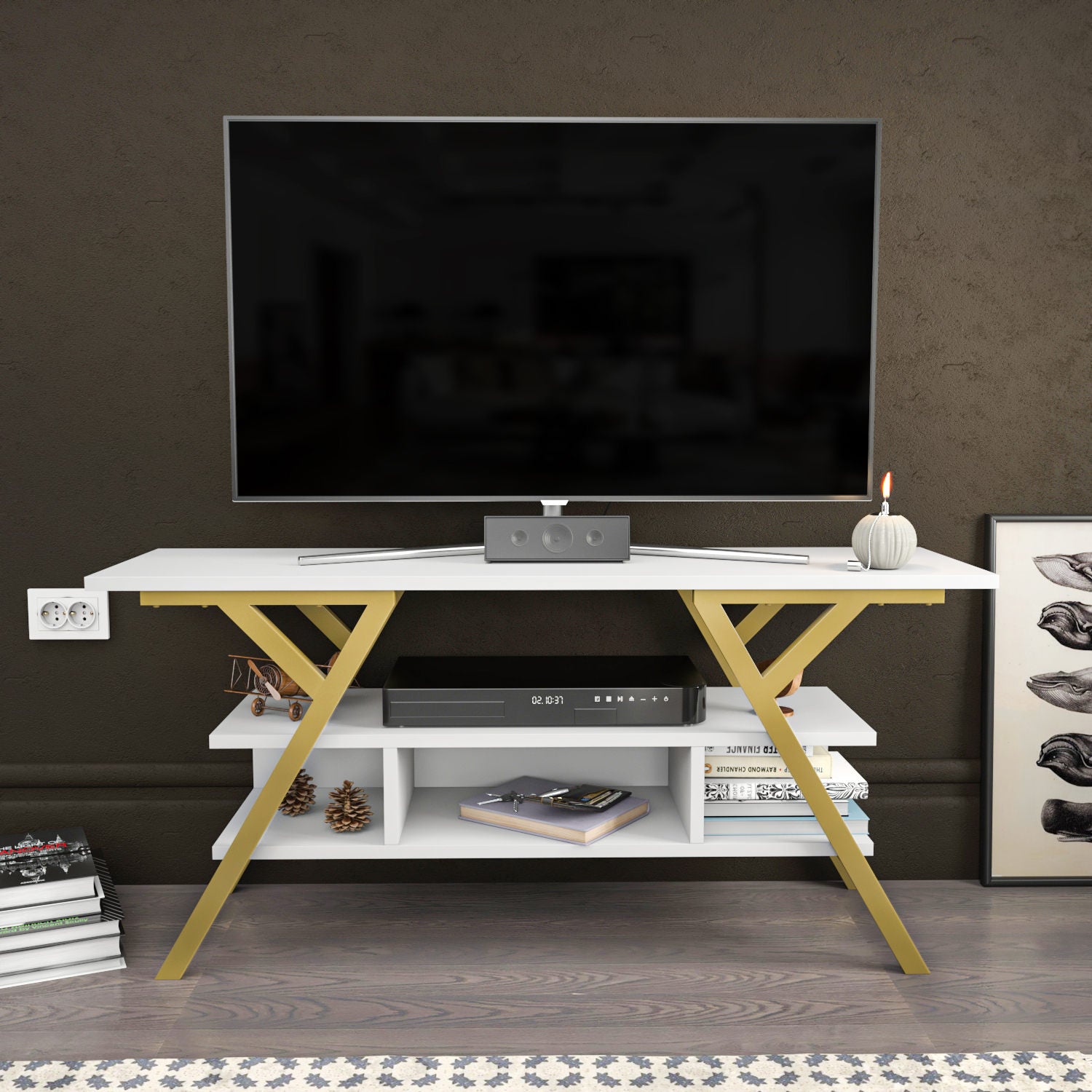 Móvel de TV Glamouroso, Dourado e Branco, 120 x 35 x 55 cm | Painel de partículas 100% revestido em melamina, 18 mm de espessura, estrutura de metal resistente | Design elegante e funcional para salas de estar modernas