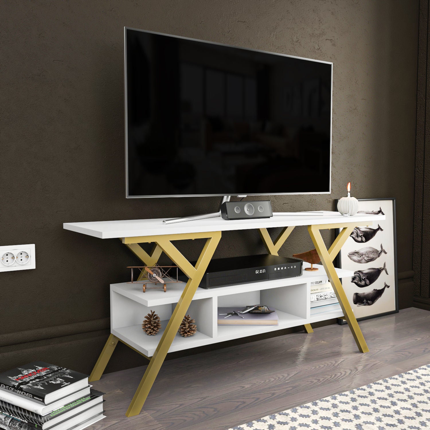Móvel de TV Glamouroso, Dourado e Branco, 120 x 35 x 55 cm | Painel de partículas 100% revestido em melamina, 18 mm de espessura, estrutura de metal resistente | Design elegante e funcional para salas de estar modernas