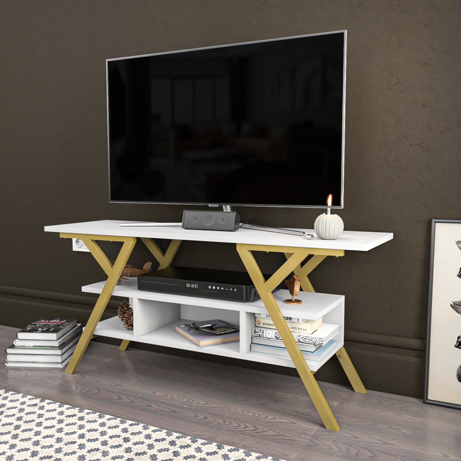 Móvel de TV Glamouroso, Dourado e Branco, 120 x 35 x 55 cm | Painel de partículas 100% revestido em melamina, 18 mm de espessura, estrutura de metal resistente | Design elegante e funcional para salas de estar modernas
