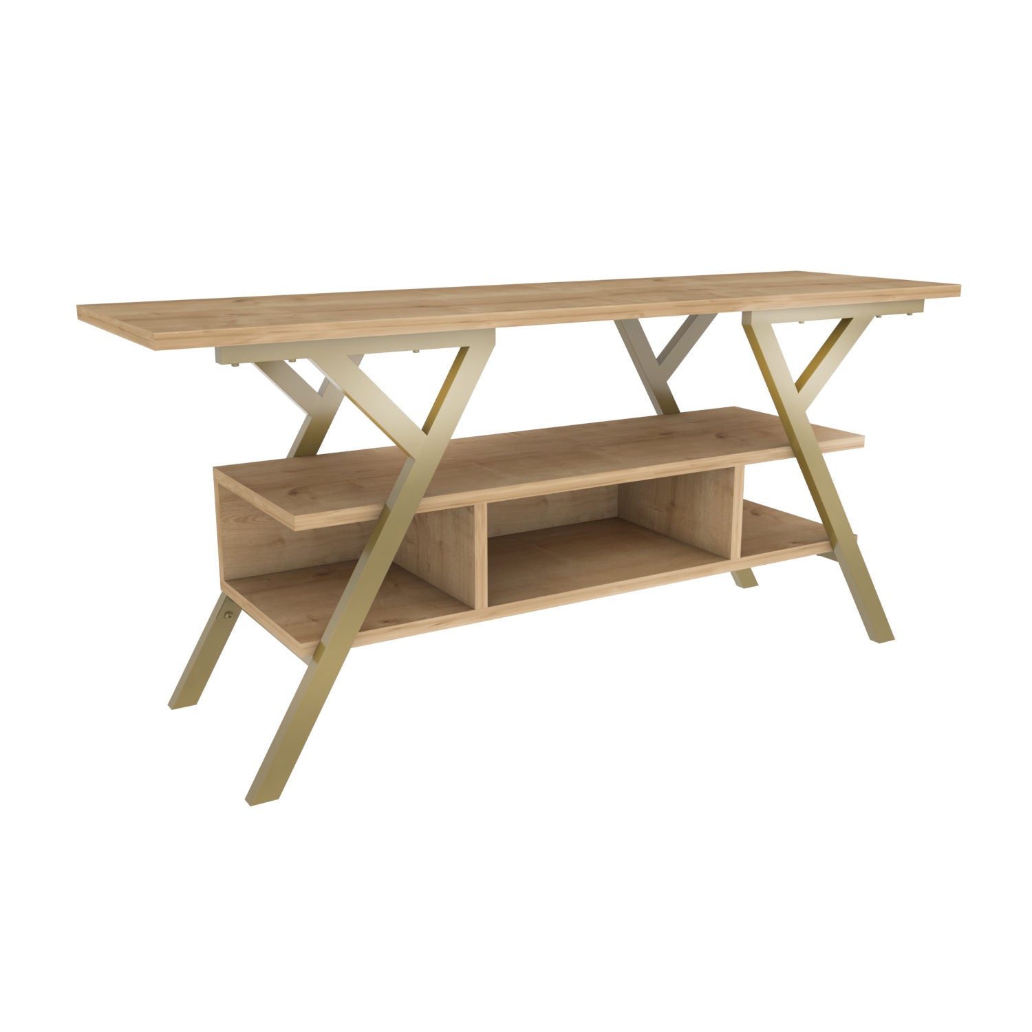 Móvel de TV Glamouroso, Dourado e Carvalho, 120 x 35 x 55 cm | Painel de partículas 100% revestido em melamina, 18 mm de espessura, estrutura de metal resistente | Design elegante e funcional para salas de estar modernas