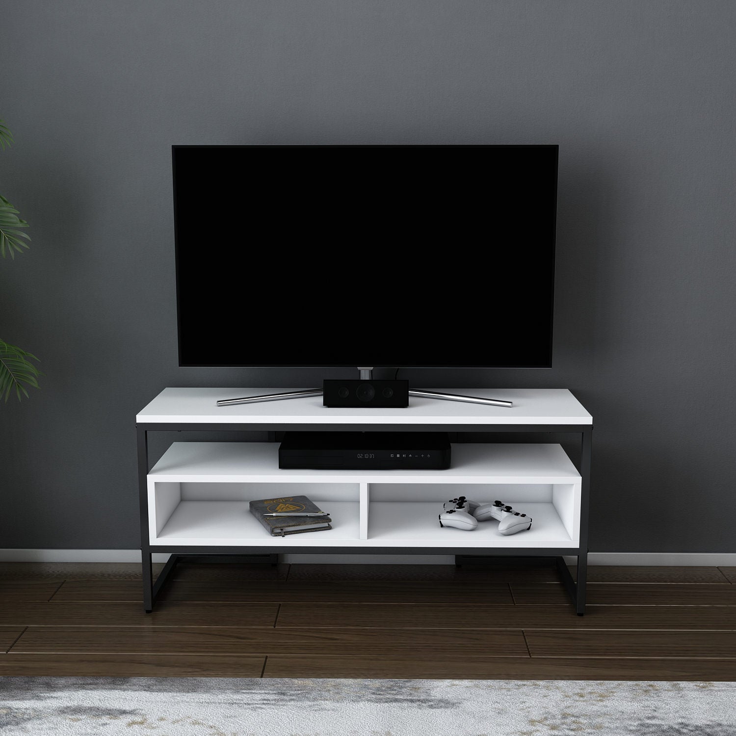 Móvel de TV elegante, preto e branco, 110 cm x 35 cm x 49,9 cm | Painel de partículas 100% revestido de melamina, 18 mm de espessura | Design moderno para salas de estar e espaços de entretenimento