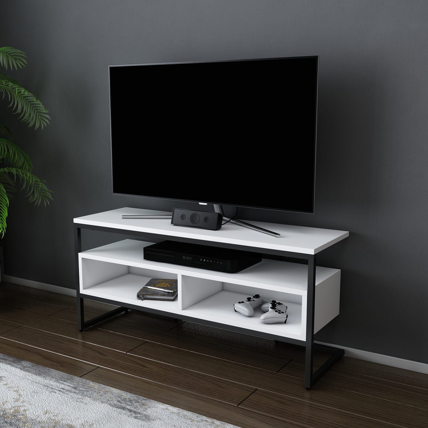 Móvel de TV elegante, preto e branco, 110 cm x 35 cm x 49,9 cm | Painel de partículas 100% revestido de melamina, 18 mm de espessura | Design moderno para salas de estar e espaços de entretenimento