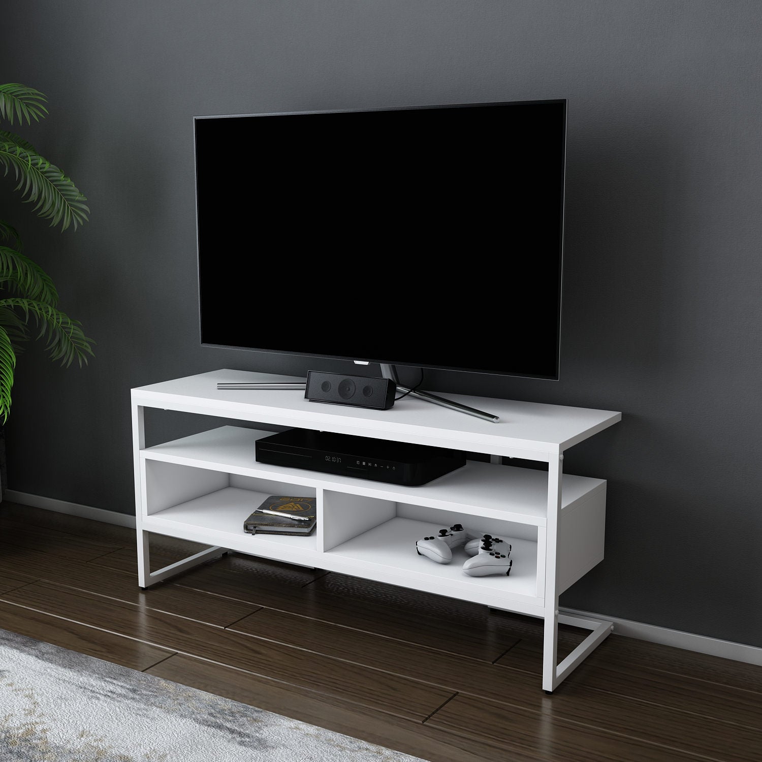 Móvel de TV moderno branco, 110 cm x 35 cm x 49,9 cm | Painel de partículas 100% revestido em melamina, 18 mm de espessura | Elegante e funcional para sala de estar