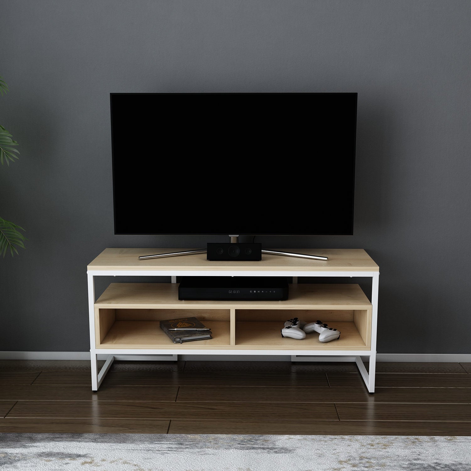 Móvel de TV elegante, branco e carvalho, 110 x 35 x 49,9 cm | Painel de partículas 100% revestido de melamina, 18 mm de espessura | Design moderno para salas de estar e espaços de entretenimento