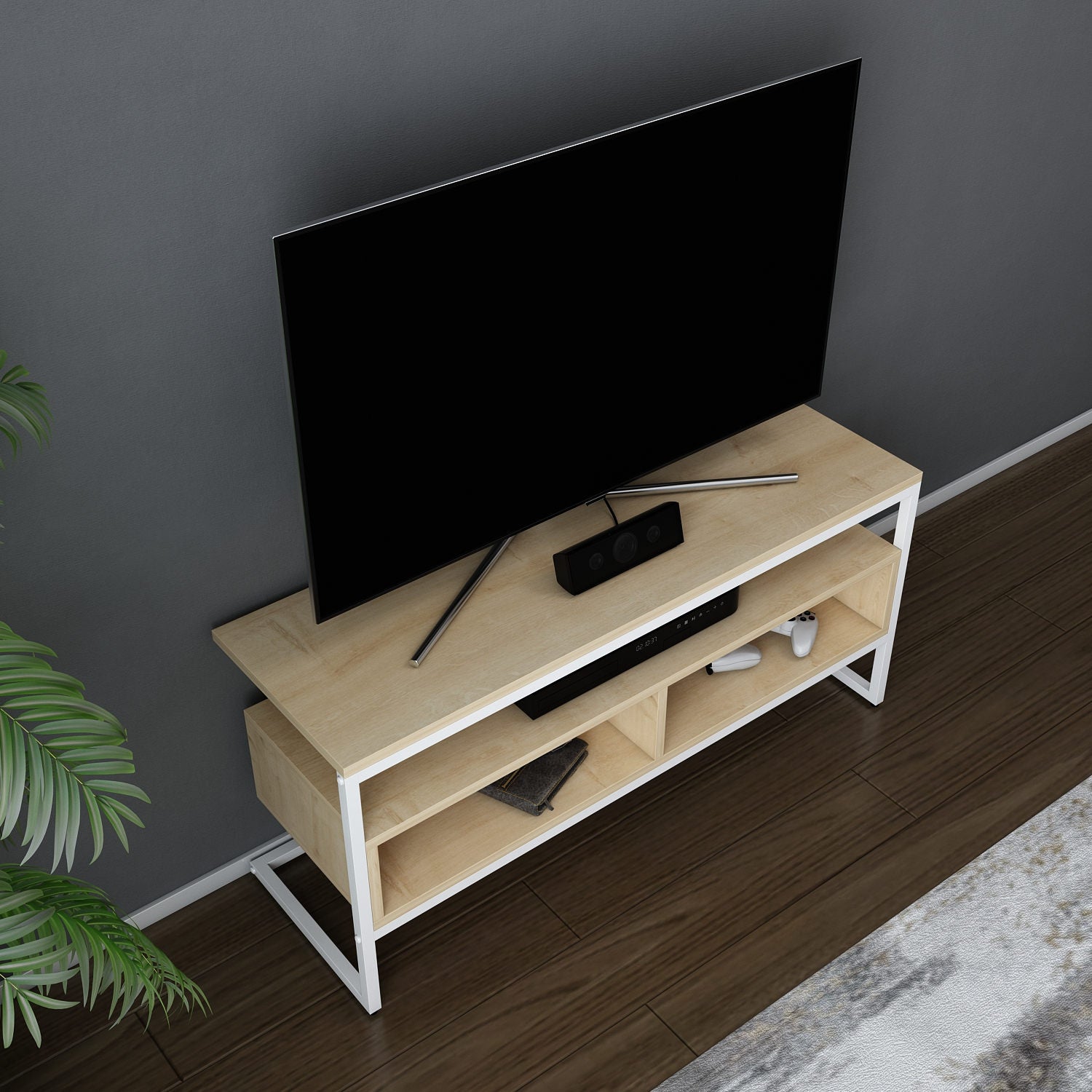 Móvel de TV elegante, branco e carvalho, 110 x 35 x 49,9 cm | Painel de partículas 100% revestido de melamina, 18 mm de espessura | Design moderno para salas de estar e espaços de entretenimento