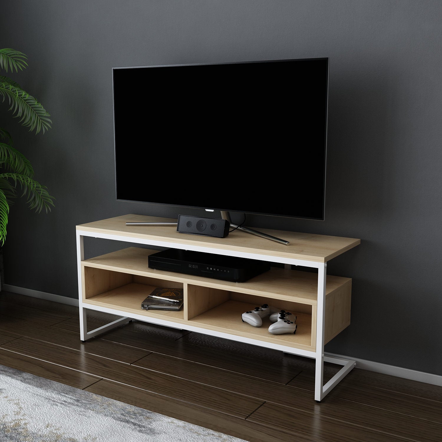 Móvel de TV elegante, branco e carvalho, 110 x 35 x 49,9 cm | Painel de partículas 100% revestido de melamina, 18 mm de espessura | Design moderno para salas de estar e espaços de entretenimento