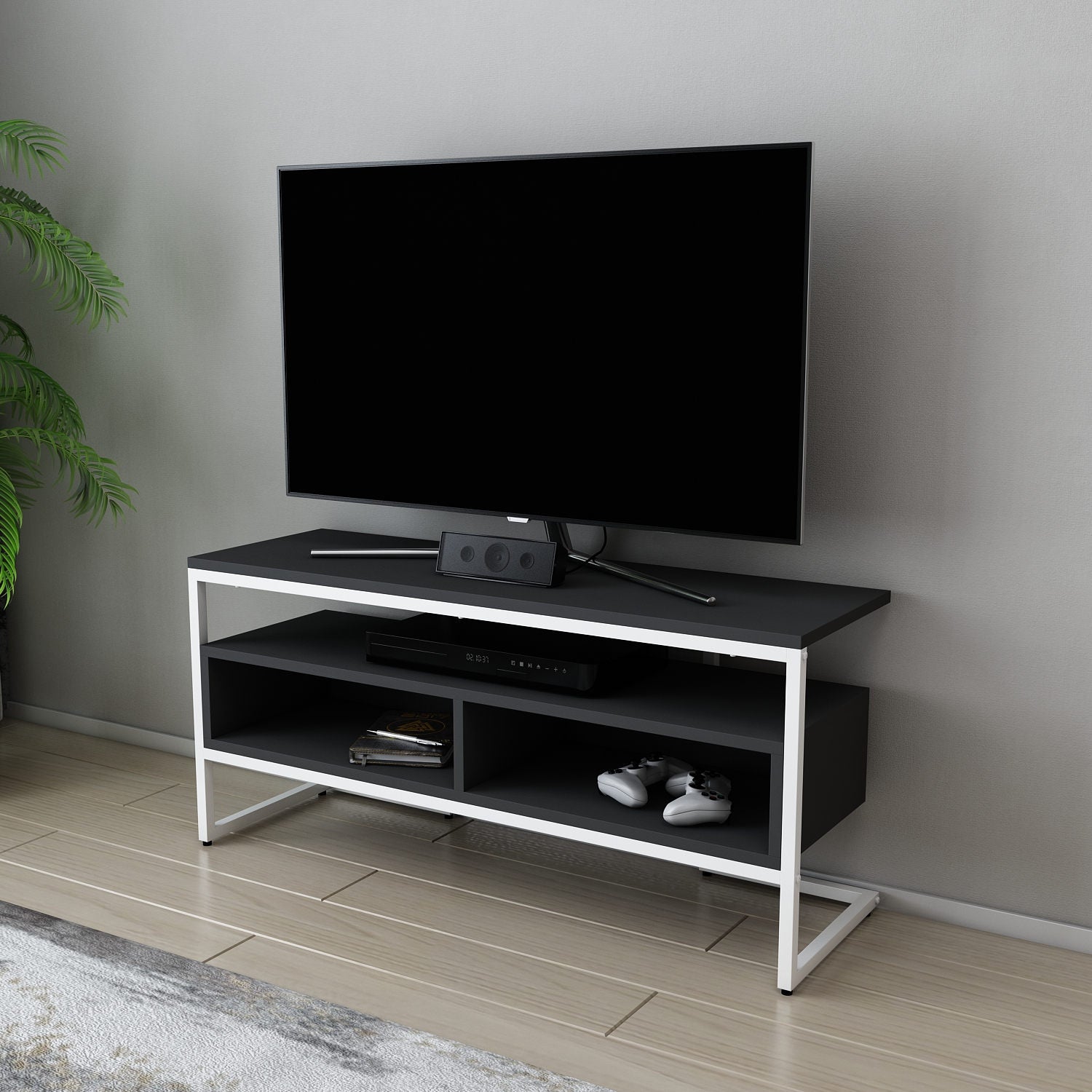 Móvel de TV elegante, branco e antracite, 110 x 35 x 49,9 cm | Painel de partículas 100% revestido de melamina, 18 mm de espessura | Design moderno para salas de estar e espaços de entretenimento