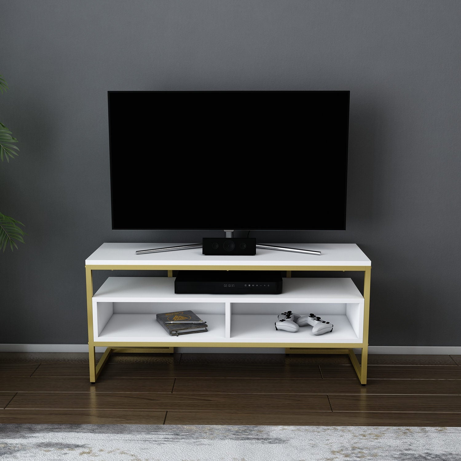 Móvel de TV Glamouroso, Dourado e Branco, 110 x 35 x 49,9 cm | Painel de partículas 100% revestido em melamina, 18 mm de espessura | Elegante e funcional para salas de estar modernas
