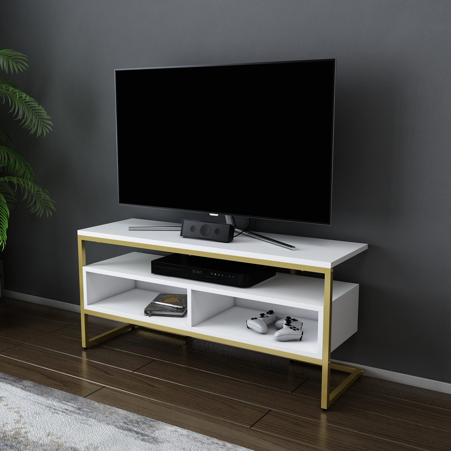 Móvel de TV Glamouroso, Dourado e Branco, 110 x 35 x 49,9 cm | Painel de partículas 100% revestido em melamina, 18 mm de espessura | Elegante e funcional para salas de estar modernas
