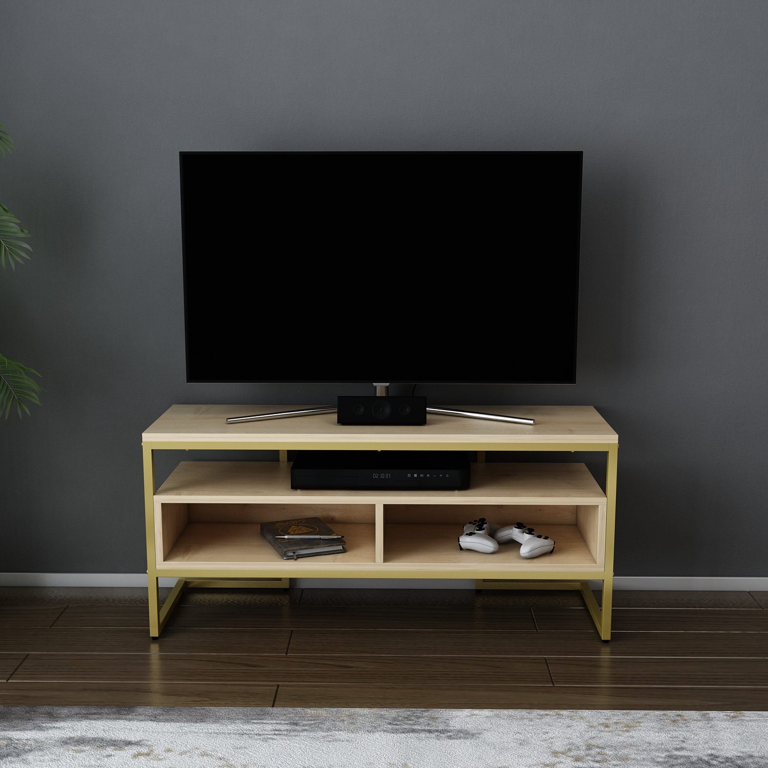 Móvel de TV Glamouroso, Dourado e Carvalho, 110 x 35 x 49,9 cm | Painel de partículas 100% revestido em melamina, 18 mm de espessura | Elegante e funcional para salas de estar modernas