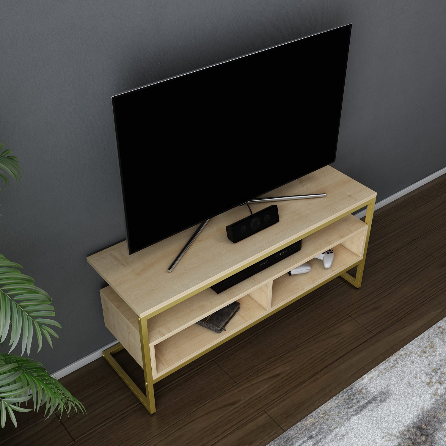 Móvel de TV Glamouroso, Dourado e Carvalho, 110 x 35 x 49,9 cm | Painel de partículas 100% revestido em melamina, 18 mm de espessura | Elegante e funcional para salas de estar modernas