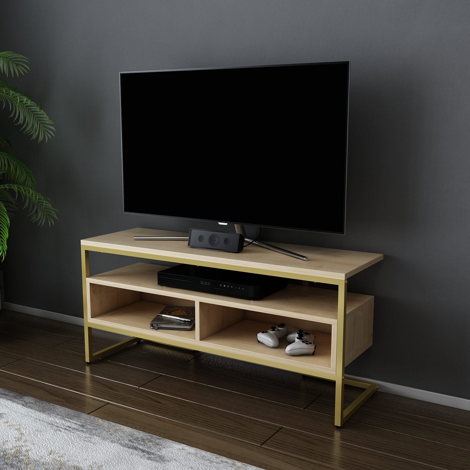 Móvel de TV Glamouroso, Dourado e Carvalho, 110 x 35 x 49,9 cm | Painel de partículas 100% revestido em melamina, 18 mm de espessura | Elegante e funcional para salas de estar modernas