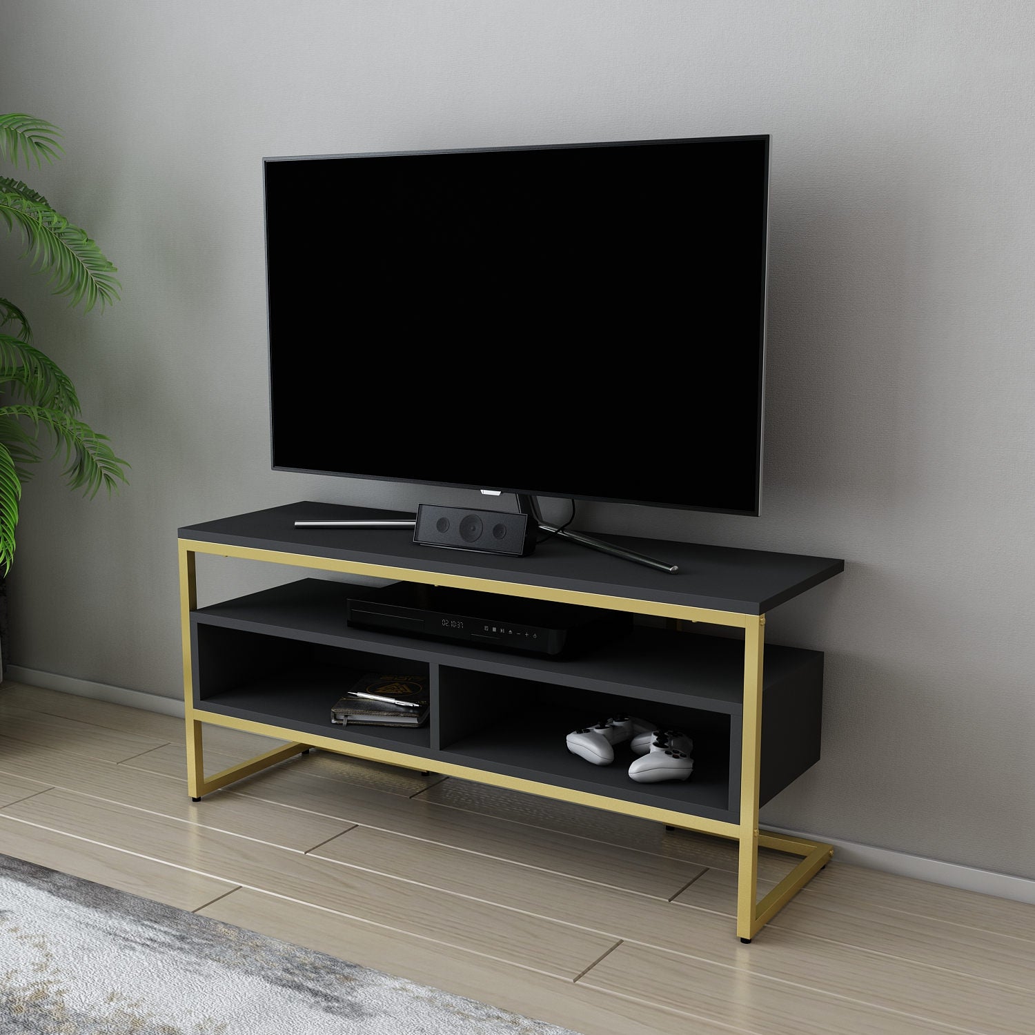 Móvel de TV Glamouroso, Dourado e Antracite, 110 x 35 x 49,9 cm | Painel de partículas 100% revestido em melamina, 18 mm de espessura | Elegante e funcional para salas de estar modernas