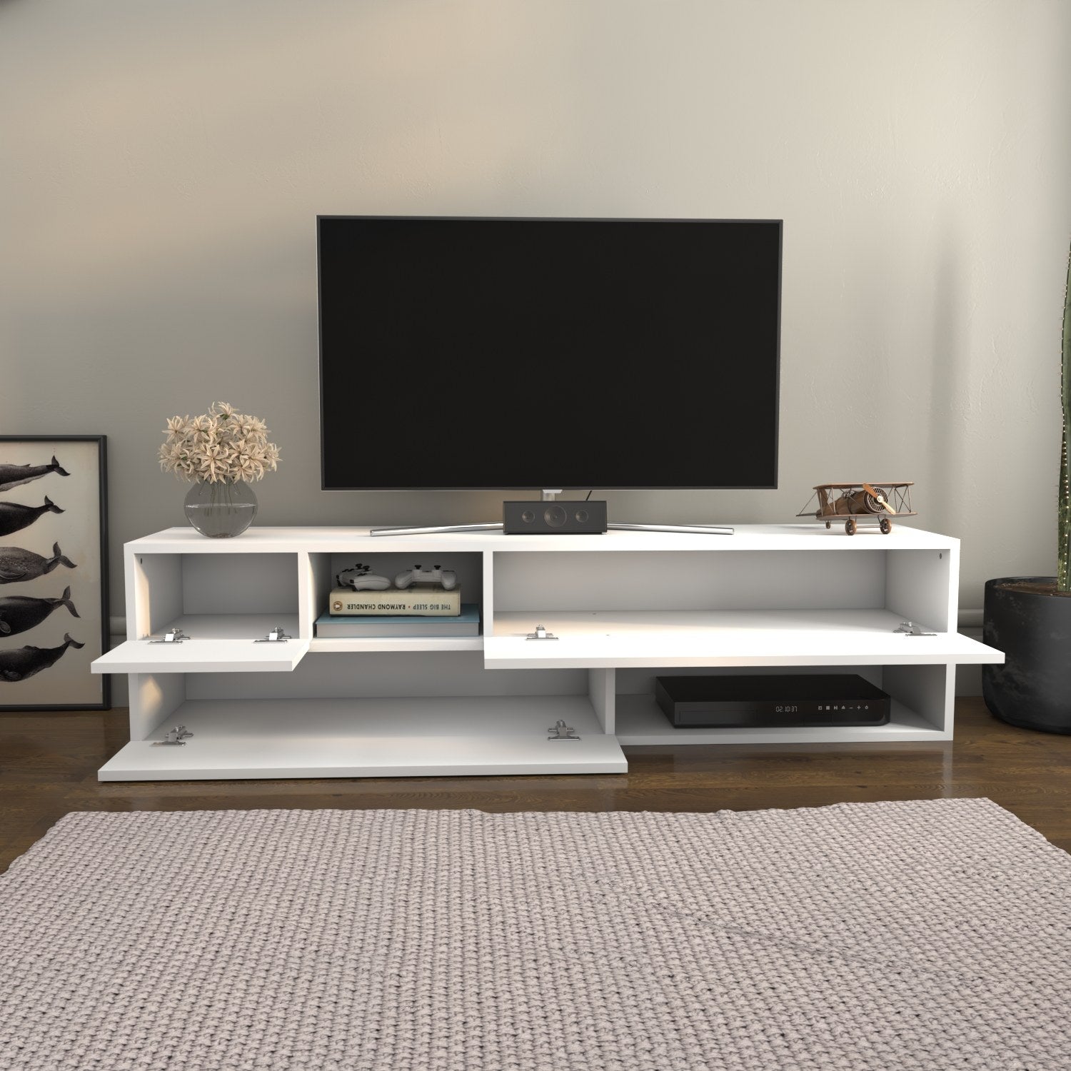 Móvel de TV escandinavo, branco, 160 x 37,7 x 40 cm | Painel de partículas 100% revestido em melamina, 18 mm de espessura | Elegante e funcional para salas de estar modernas