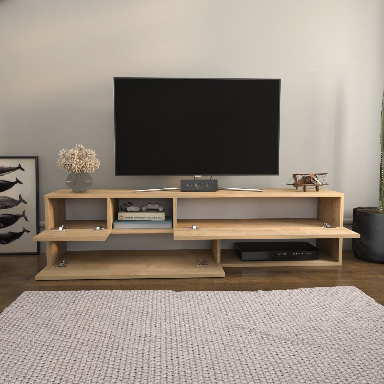 Móvel de TV elegante em carvalho, 160 cm x 37,7 cm x 40 cm | Painel de partículas 100% revestido em melamina, 18 mm de espessura | Perfeito para decoração de cabanas/lodges, durável e elegante