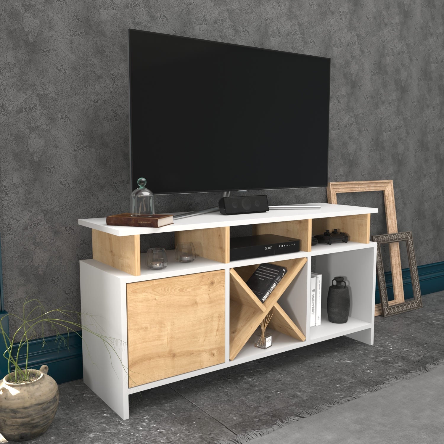 Móvel de TV elegante, branco e carvalho, 120 x 29,9 x 60,6 cm | Painel de partículas 100% revestido de melamina, 18 mm de espessura | Design moderno para salas de estar e espaços de entretenimento