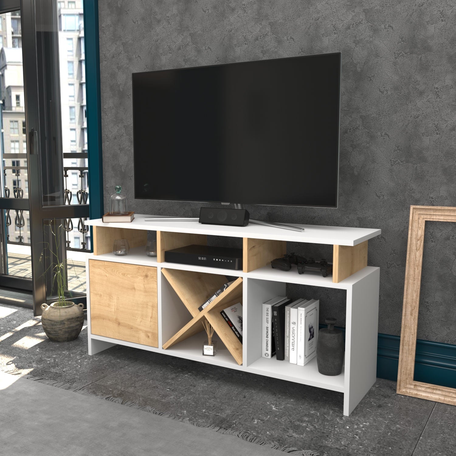 Móvel de TV elegante, branco e carvalho, 120 x 29,9 x 60,6 cm | Painel de partículas 100% revestido de melamina, 18 mm de espessura | Design moderno para salas de estar e espaços de entretenimento
