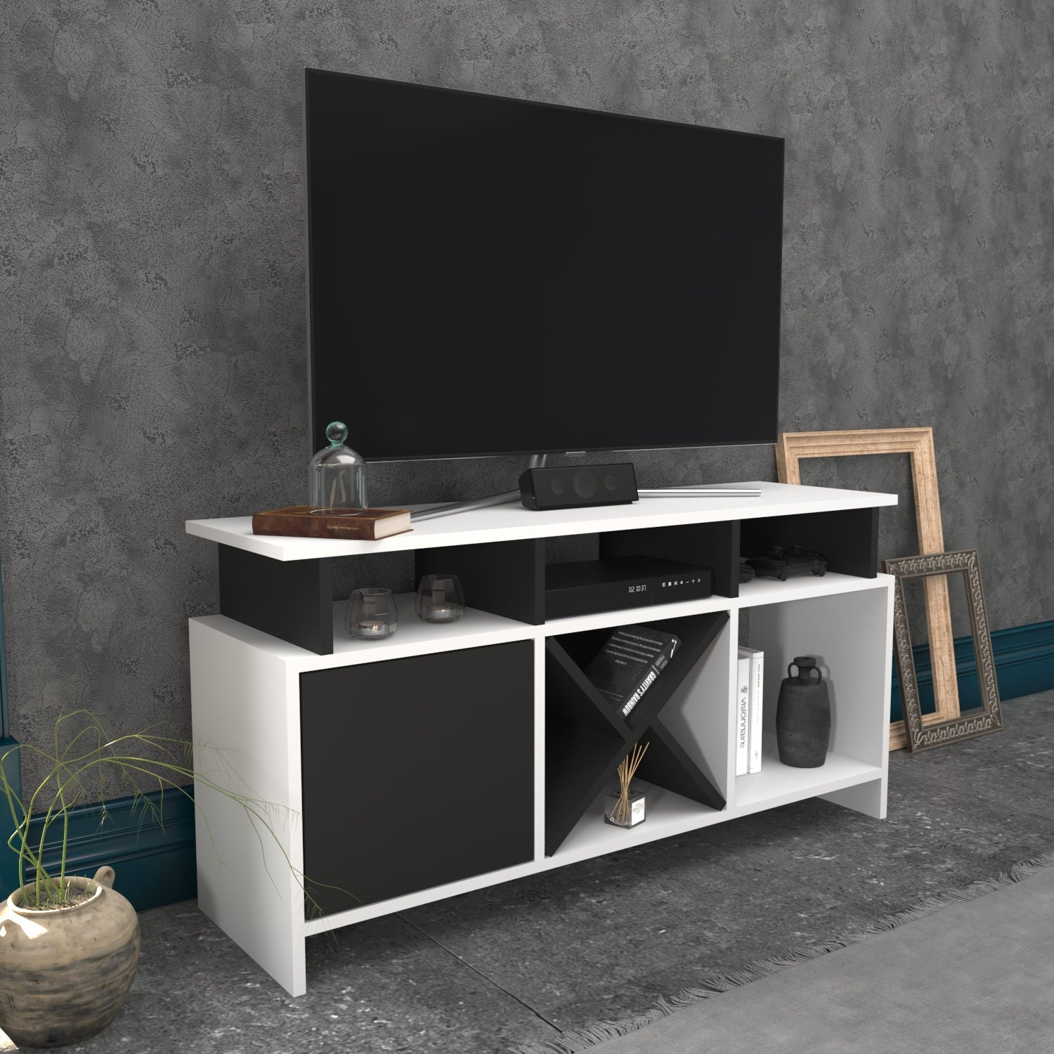Móvel de TV elegante, branco e antracite, 120 x 29,9 x 60,6 cm | Painel de partículas 100% revestido de melamina, 18 mm de espessura | Design moderno para salas de estar e espaços de entretenimento