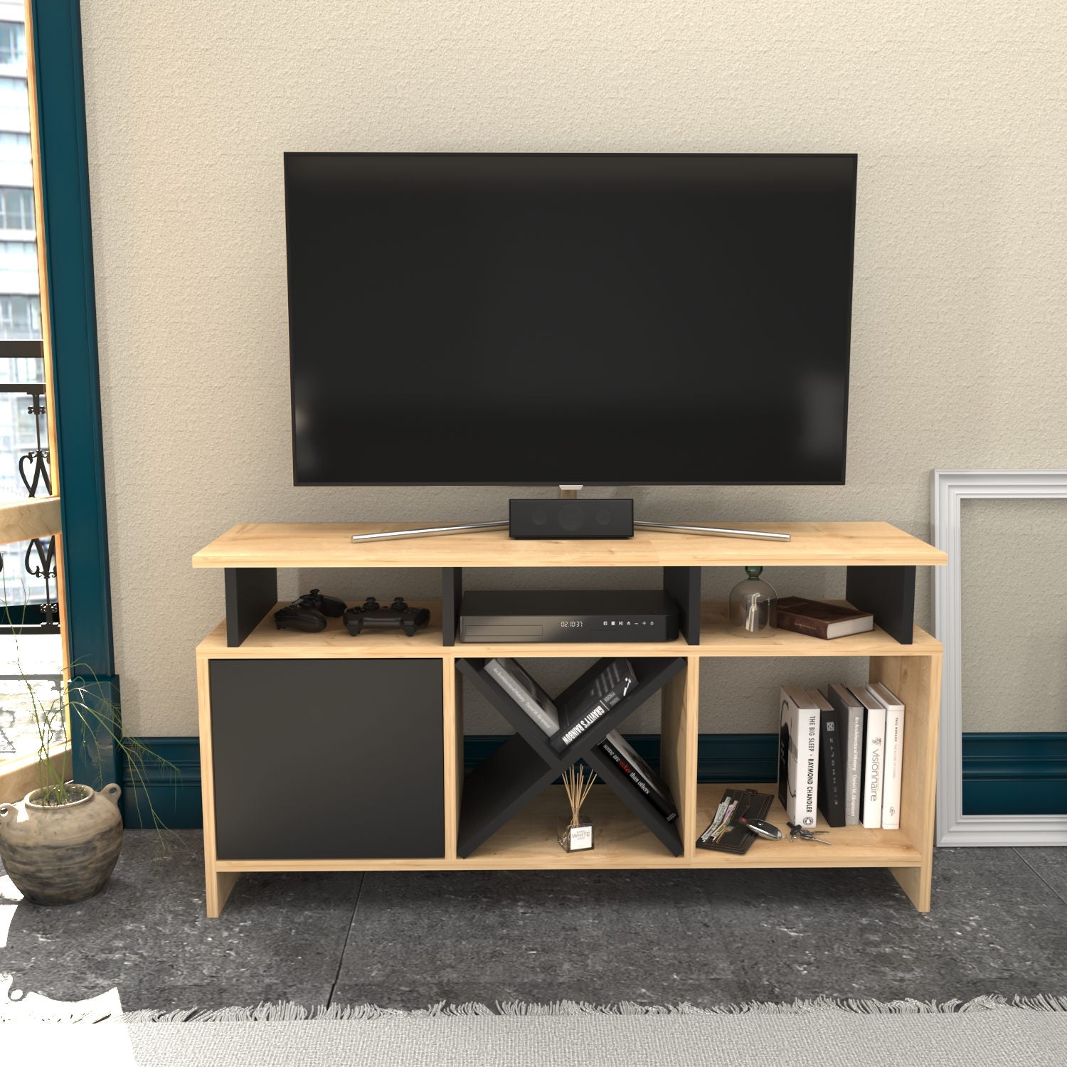 Móvel de TV elegante, carvalho e antracite, 120 x 29,9 x 60,6 cm | Painel de partículas 100% revestido de melamina, 18 mm de espessura | Design moderno para salas de estar e espaços de entretenimento