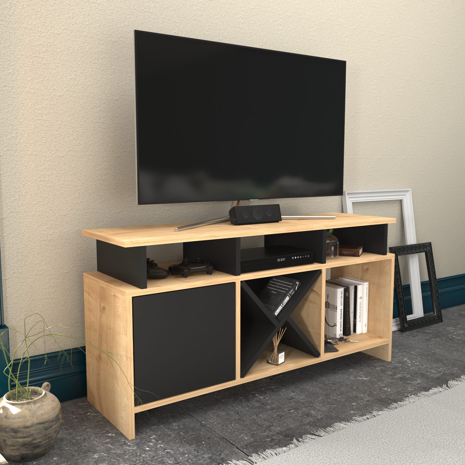 Móvel de TV elegante, carvalho e antracite, 120 x 29,9 x 60,6 cm | Painel de partículas 100% revestido de melamina, 18 mm de espessura | Design moderno para salas de estar e espaços de entretenimento